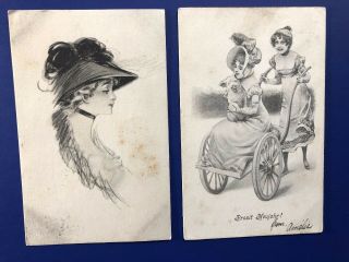 6 LADIES ANTIQUE VINTAGE POSTCARDS EARLY 1900 ' S.  COLLECTOR ITEMS.  W VALUE. 3