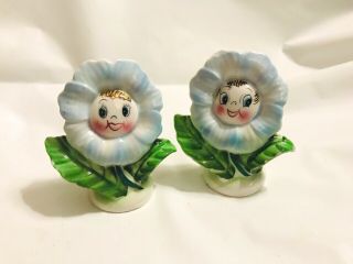 Py Japan Anthropomorphic Flower Salt And Pepper Shakers Blue Smiling Faces