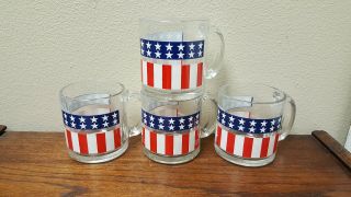 Vintage Set Of Four (4) American Flag Patriot Glass Coffee Cup Mug Made In Usa