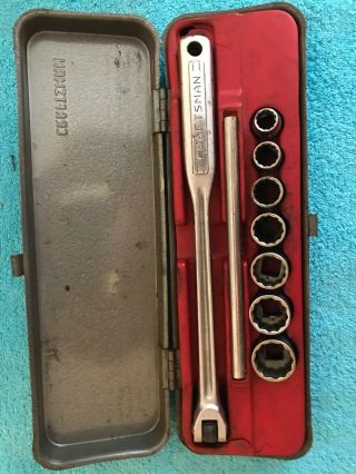 Vintage Craftsman V Series 3/8” Socket Set With Breaker Bar And T Bar Metal Case