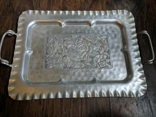 Vintage 1950s Cromwell Hand Wrought Aluminum Serving Tray,  Floral Design With.