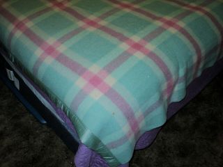 Vintage Woolcraft Wool Camp Blanket Bedspread Pink,  Teal & White Full 86 X 74 2