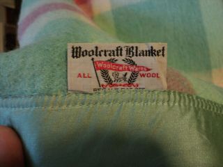 Vintage Woolcraft Wool Camp Blanket Bedspread Pink,  Teal & White Full 86 X 74 4