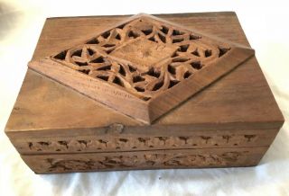 Vintage Hand Carved Sheesham Wood Jewelry Trinket Box India Himalayan Jungle