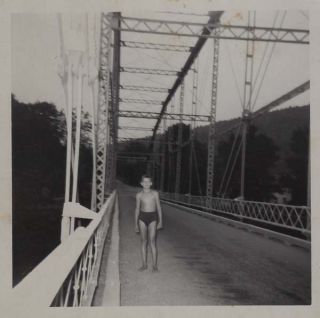 Vintage Photo Snapshot Boy In Swimsuit Standing On Bridge 1950s
