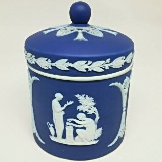 Antique Jasperware Wedgwood Cobalt Blue Lidded Jar Greek Motif White Relief 1890