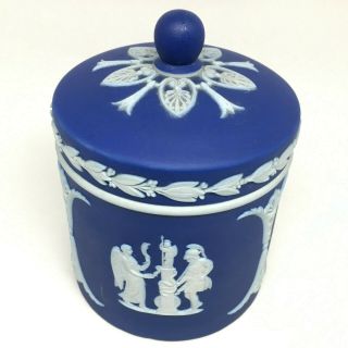 Antique Jasperware Wedgwood Cobalt Blue Lidded Jar Greek Motif White Relief 1890 3