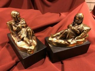 Bookends Antique Brass On Wood Base Heavyweight - Young Child In Repose