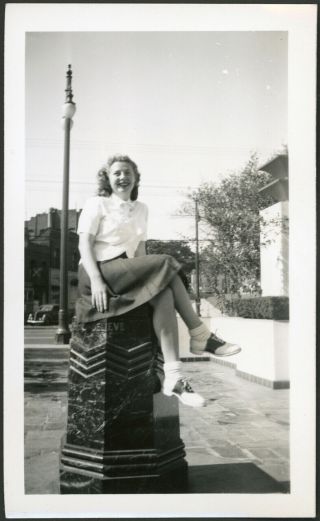 Woman On A Pedestal Wearing Bobby Socks & Saddle Shoes Vintage Photo