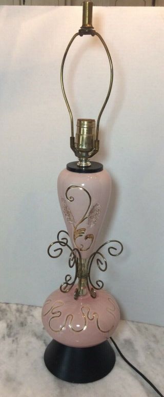 Vintage 50s 60s Hollywood Pink Gold Ceramic Table Lamp Light Mid Century Modern