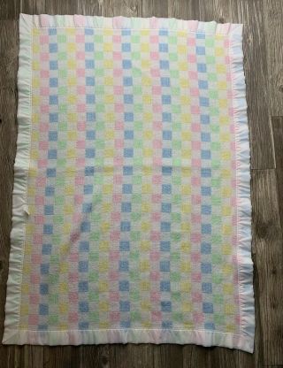 Vintage Tennessee Woolen Mills Pastel Plaid Satin Trim Acrylic Baby Blanket Usa