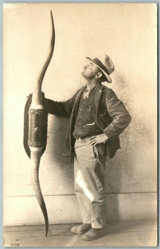 Cowboy W/ Huge Buffalo Horns Antique Real Photo Postcard Rppc