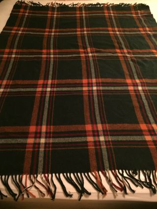 Vintage Plaid 100 Wool Blanket W/ Fringe Green Red Twin Bed Picnic Saddle Throw