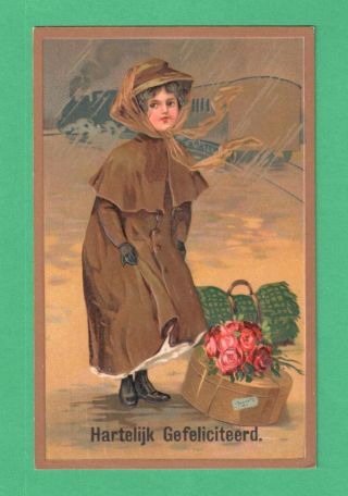 1912 Dutch Birthday Postcard Girl Traveler Rain Train Hatbox Fabric - Suitcase