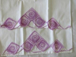 2 Vintage White Cotton Pillowcases w Violet Purple Crochet 2