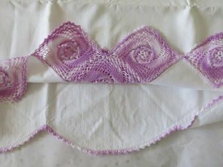 2 Vintage White Cotton Pillowcases w Violet Purple Crochet 4