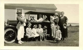 Family,  Children Posing For The Camera By Antique Car & Vintage Snapshot Photo