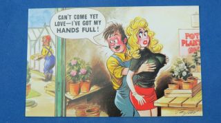 Risque Bamforth Comic Postcard 1970s Big Boobs Bust Garden Centre Greenhouse