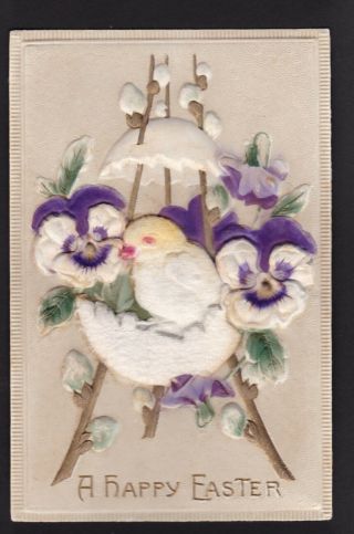 1914 Silk Bas Relief Pansy Baby Chick Happy Easter Postcard