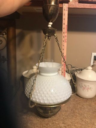Vintage Brass White Milk Glass Hobnail Hurricane Hanging Lamp Chandelier10 " Globe
