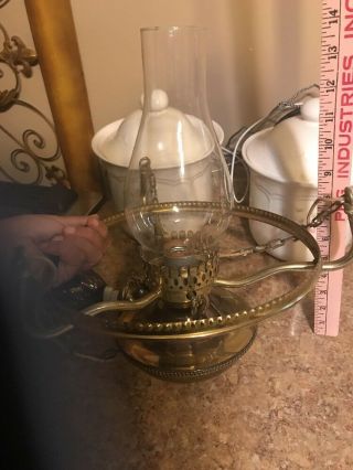Vintage Brass White Milk Glass Hobnail Hurricane Hanging Lamp Chandelier10 
