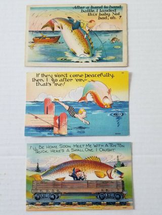 3 Vintage Comic Fishing Postcards