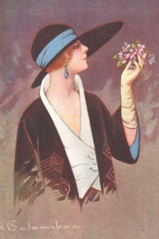 VINTAGE COLOMBO ART DECO POSTCARD FASHIONABLE LADY RED HAIR HAT WITH LILACS 2