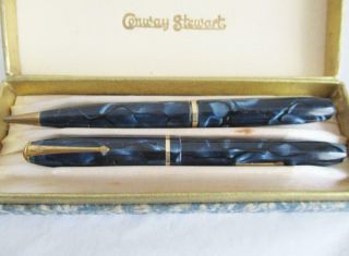 Vintage Set Conway Stewart Dinkie 550 Fountain Pen 14ct Gold Nib & Pencil