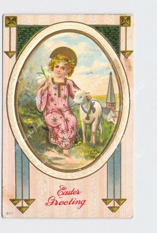 Ppc Postcard Easter Greeting Girl With Lamb Gold Embossed