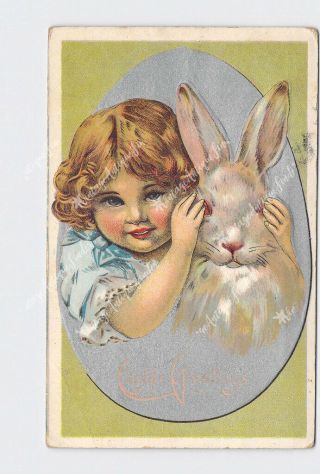 Ppc Postcard Easter Bunny Rabbit Little Girl Covering His Eyes Silver Egg Backgr