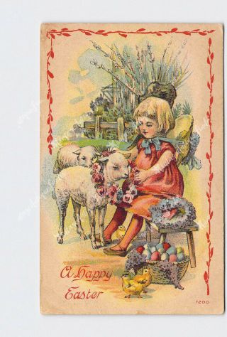 Ppc Postcard Happy Easter Girl With Lambs Basket Of Eggs Chicks 4