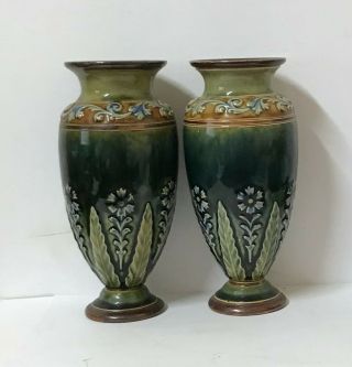 Pair Royal Doulton Lambeth Vases Floral Leaf Design In Blues And Greens 6 1/2 "
