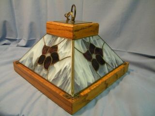 Vintage Square Wood And Stain Glass Hanging Ceiling Light Fixture Brass Tone 2