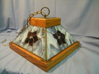 Vintage Square Wood And Stain Glass Hanging Ceiling Light Fixture Brass Tone 3