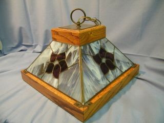 Vintage Square Wood And Stain Glass Hanging Ceiling Light Fixture Brass Tone 4