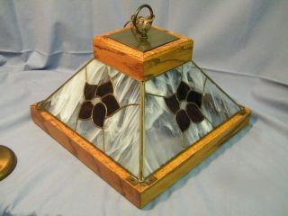 Vintage Square Wood And Stain Glass Hanging Ceiling Light Fixture Brass Tone 5