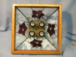 Vintage Square Wood And Stain Glass Hanging Ceiling Light Fixture Brass Tone 7