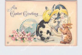 Ppc Postcard Easter Greetings Bunny Rabbit Wearing Hat Flowers Mirror
