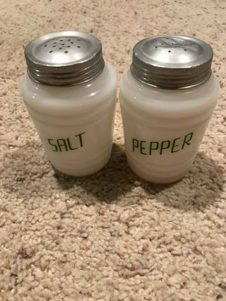 Vintage White Milk Glass Salt Pepper Shakers 4.  5” Aluminum Lids