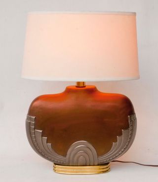 Vintage Art Deco Copper Silver Brass Ceramic Chapman Table Lamp