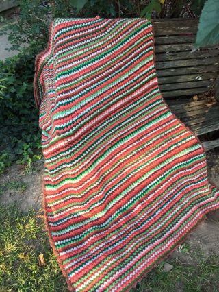 Vintage Hand Crochet Brown,  Green,  White & Pink Stripes Afghan Set In Brown