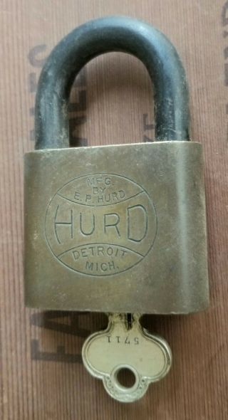 Vintage Antique Old Hurd Padlock Brass Square Lock Embossed W/ Key Made In Usa