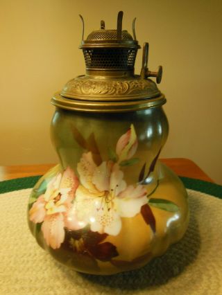 Antique Porcelain Iris Flower Oil Lamp W/ Ornate B & H Font Pat Date 1892 / 95