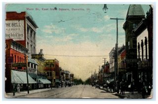 Main St.  East From Square Danville Illinois 1912 Divided Back Postcard B - 3