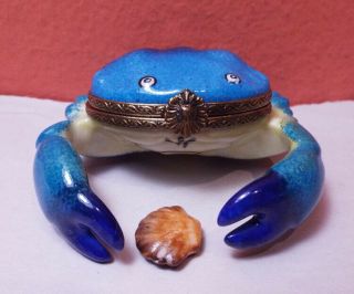 Jacques Hinged Trinket Box Porcelain Blue Crab W/ Sea Shell 183 Perfect Limoges
