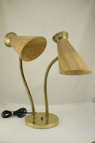 Vintage Mid Century Mcm Double Arm Gooseneck Table Lamp Fiberglass Cone Shades