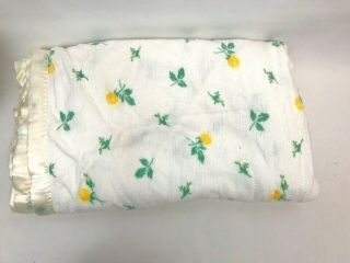 Vintage Cotton Blanket Twin Satin Binding Trim Yellow Roses Floral Flowers