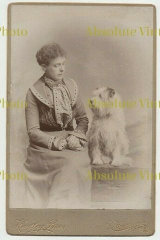 Old Cabinet Photo Lady With Pet Shaggy Terrier Dog Hartley Bros.  Waterloo Lancs