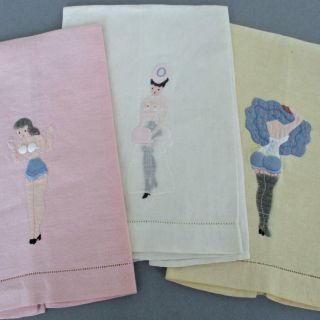3 Vintage Risque Finger Tip Tea Towels Hand Embroidered Appliqued Ladies Padded