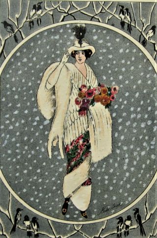 A/s Sager Art Deco Elegant Lady In Furs Snowfall Bird Border Year Postcard